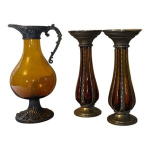 Rare Vintage MCM Mid Century Modern Amber Silver-plate Caged Candle Holder set